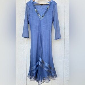 Komarov Women’s P/XL Beaded V-Neck 3/4 Sleeve Chiffon Charmeuse Trim Dress Blue